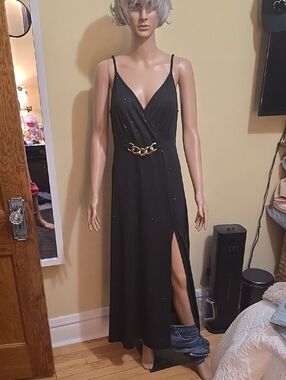 Black Spaghetti-Strap Maxi Dress with Gold Chain Detail